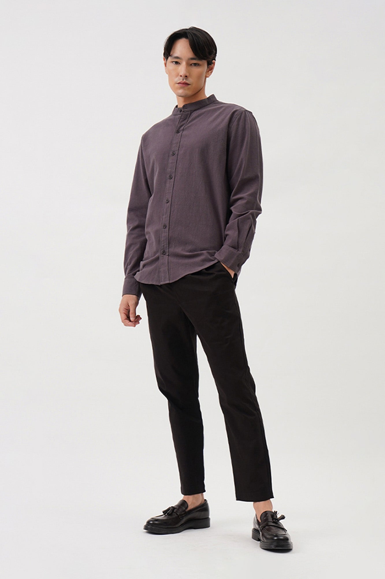 Men's Textured Stand Up Collar Long Sleeve Shirt