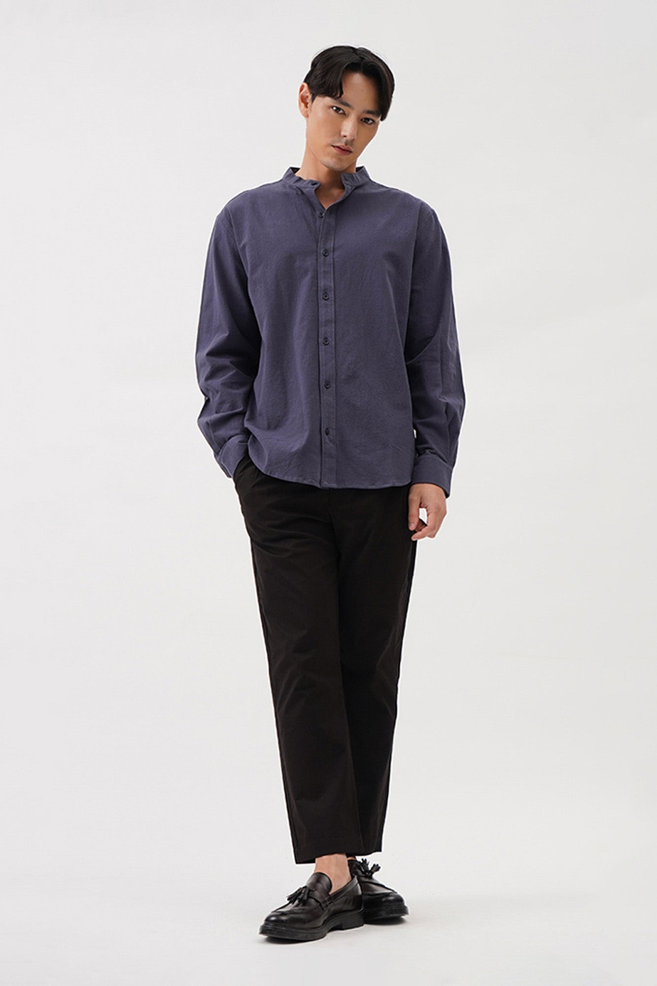 Men's Textured Stand Up Collar Long Sleeve Shirt