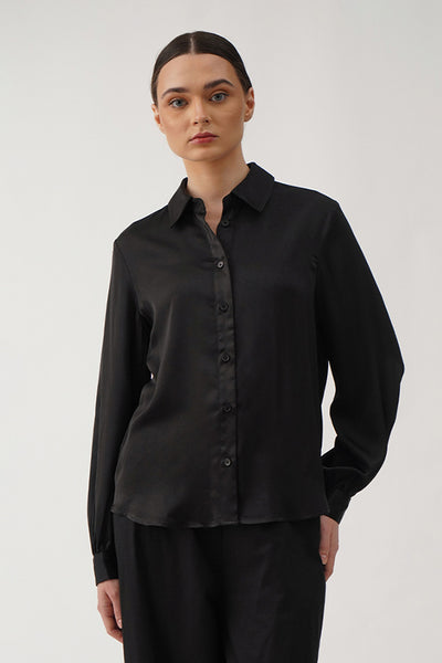 Women's Satin Button Up Shirt with Bishop Sleeves