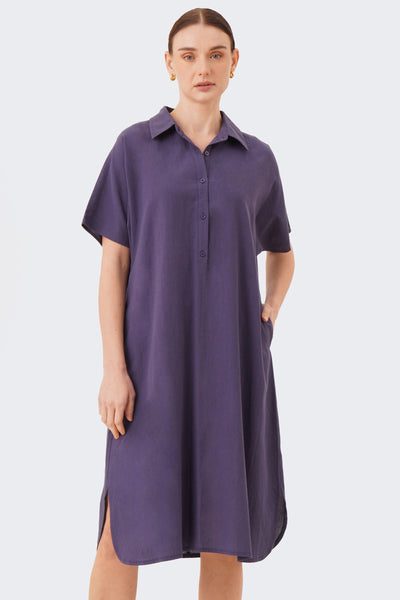 Women's Midi Extended Sleeve Linen Shirt Dress