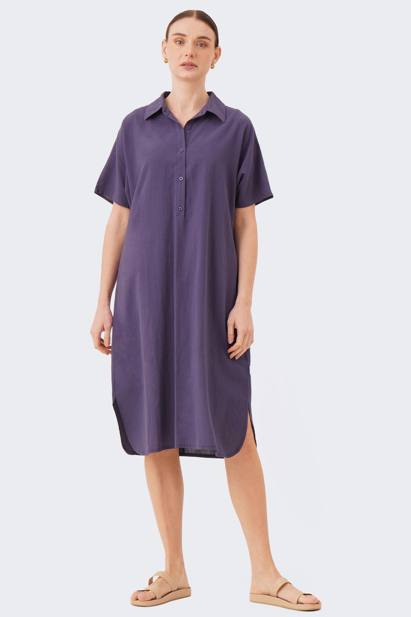Women's Midi Extended Sleeve Linen Shirt Dress