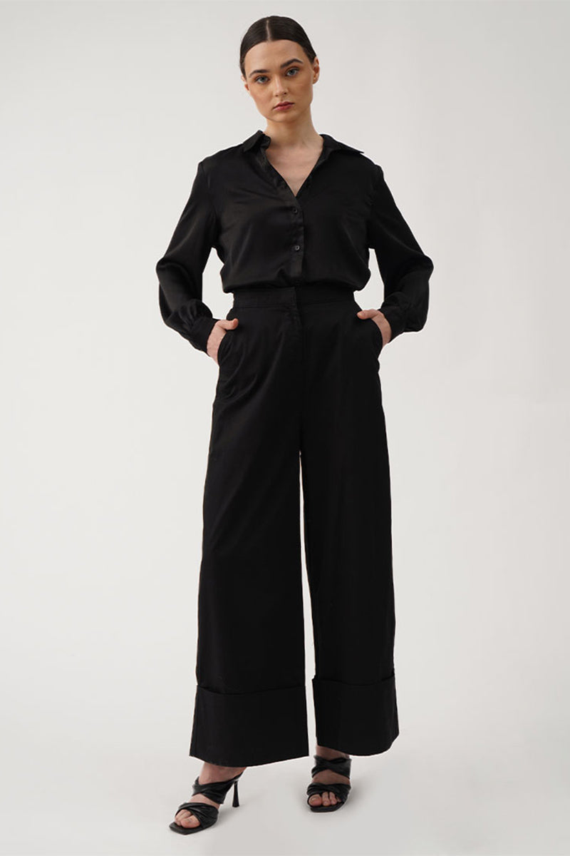 Women's Thick Turn-up Hem Wide Leg Trousers