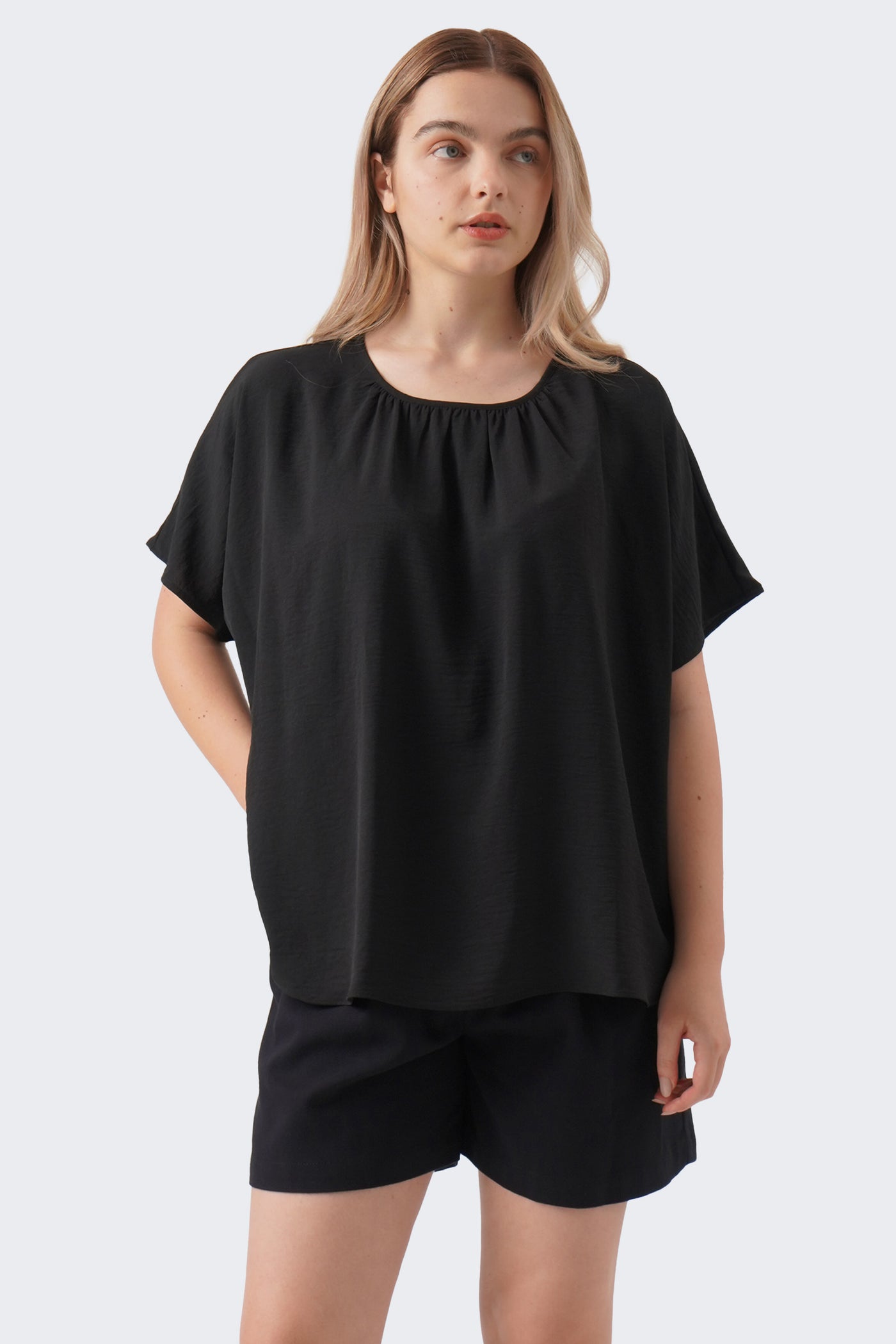 Women's Shirred Neckline Top with Extended Sleeves