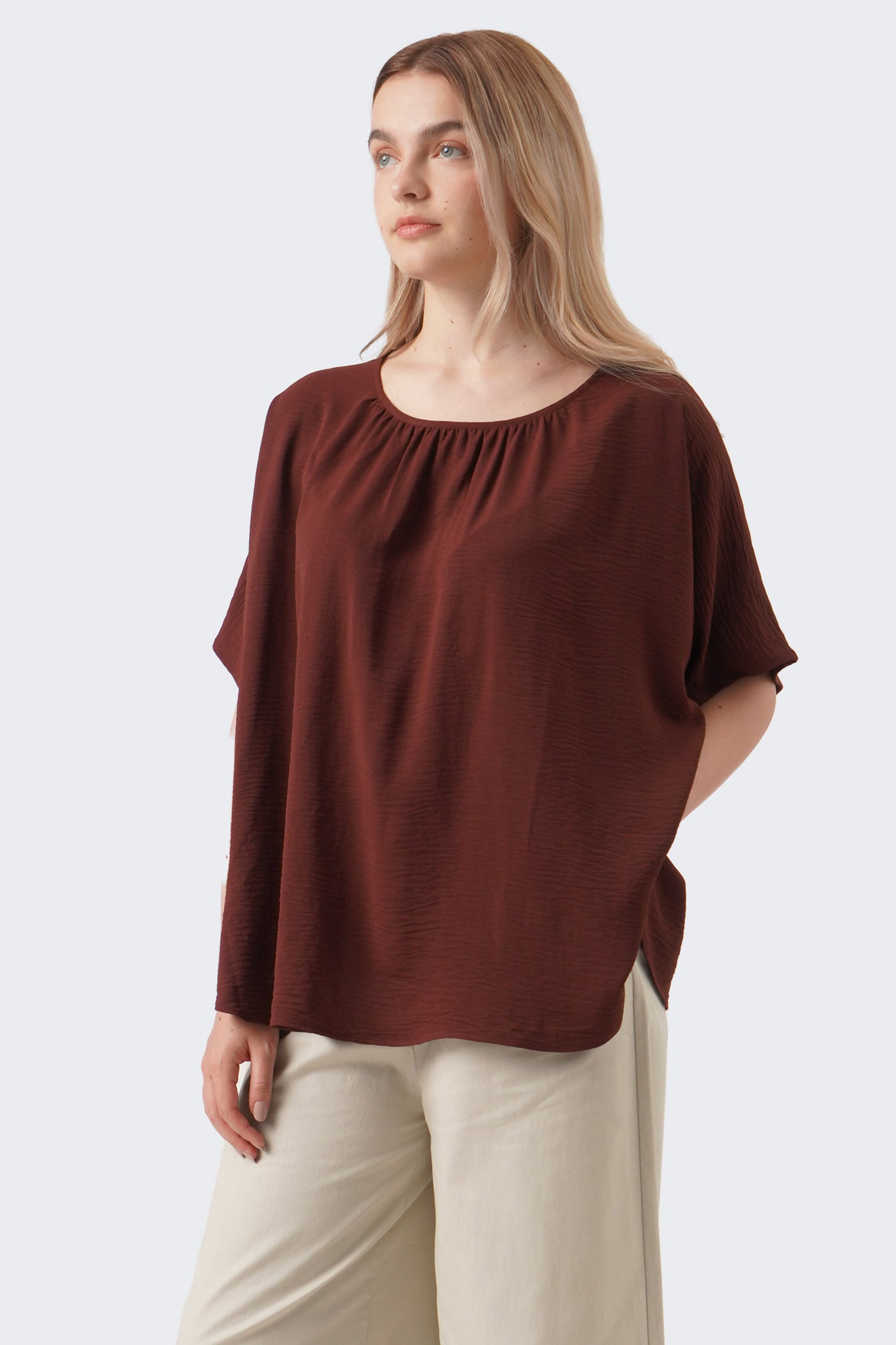 Women's Shirred Neckline Top with Extended Sleeves