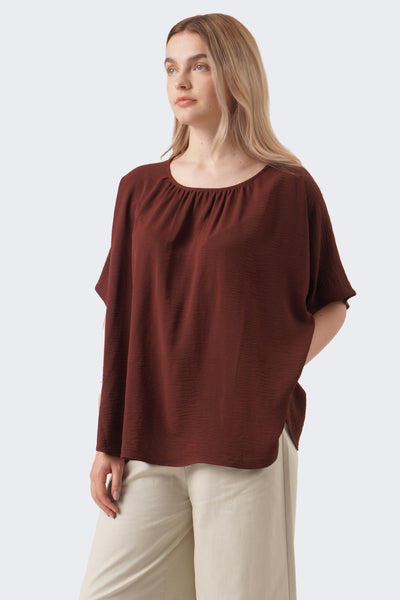 Women's Shirred Neckline Top with Extended Sleeves