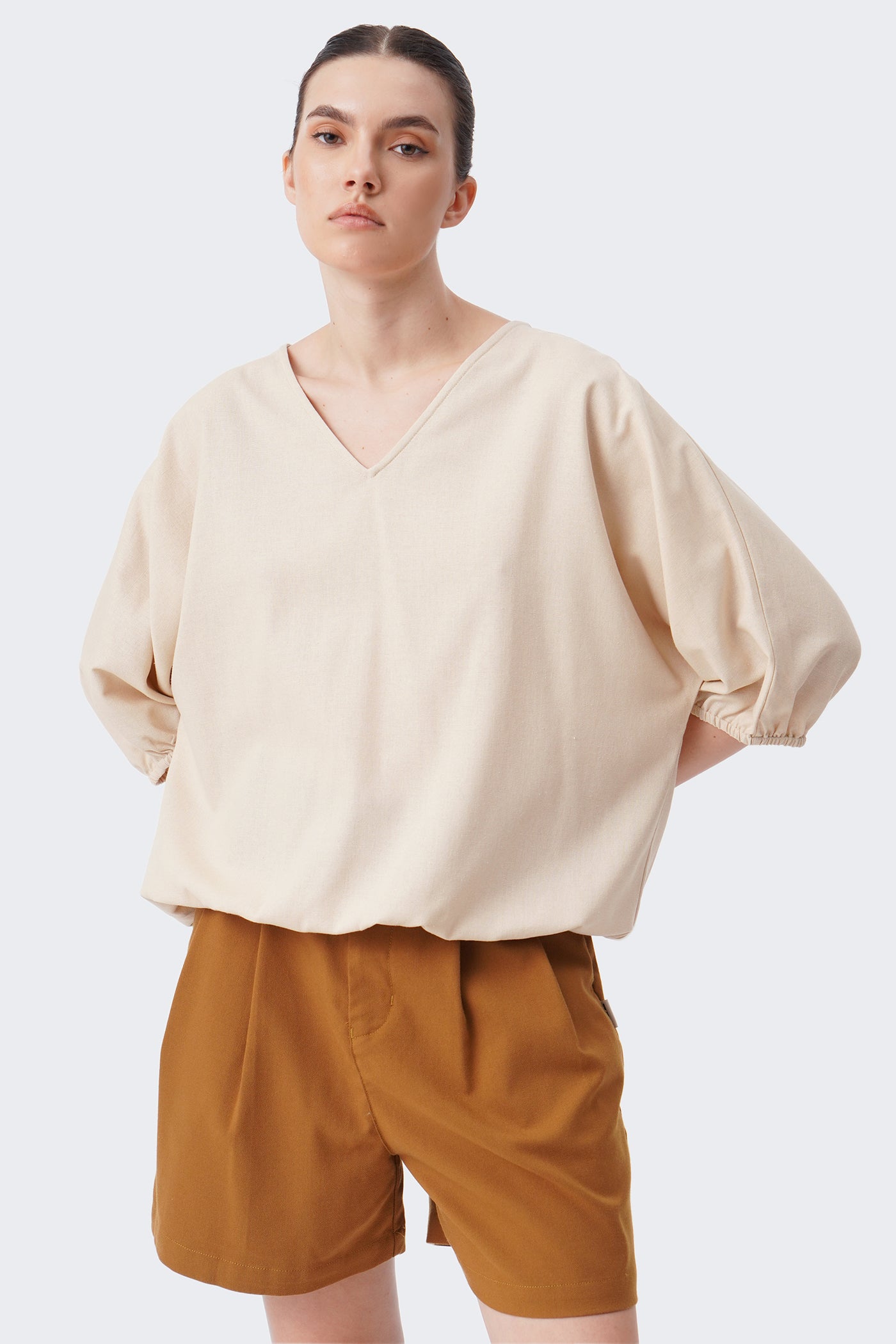 Women's V-Neck Puff Sleeve Linen Blouse