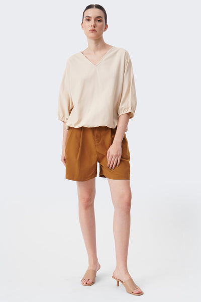 Women's V-Neck Puff Sleeve Linen Blouse