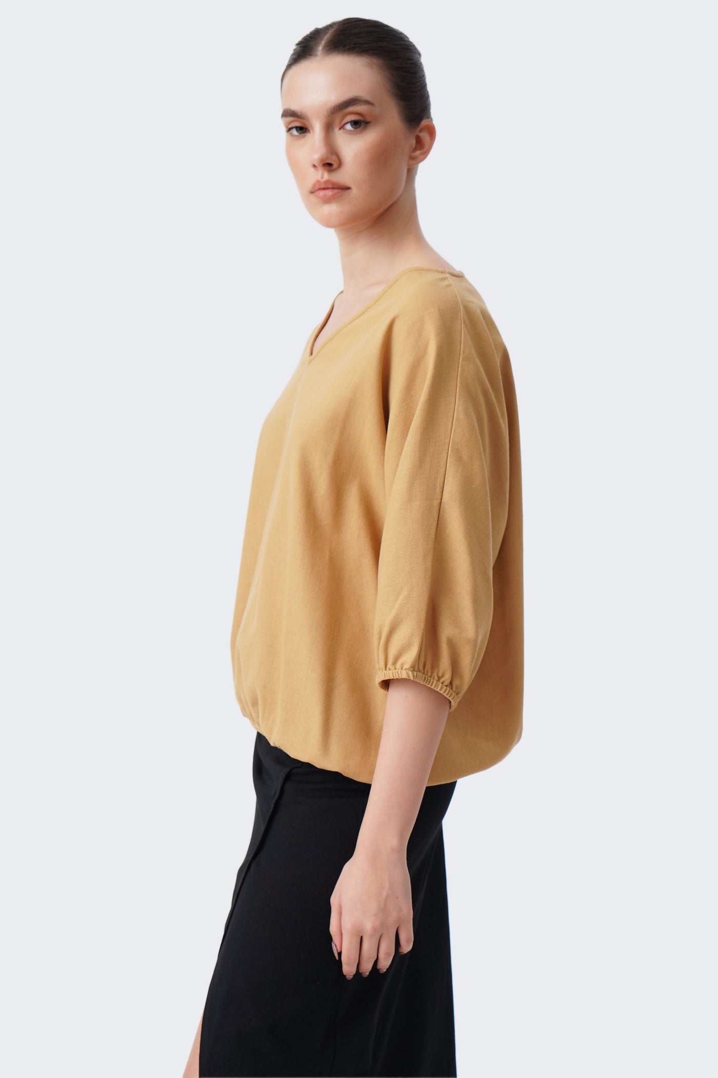 Women's V-Neck Puff Sleeve Linen Blouse