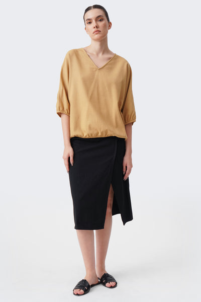 Women's V-Neck Puff Sleeve Linen Blouse
