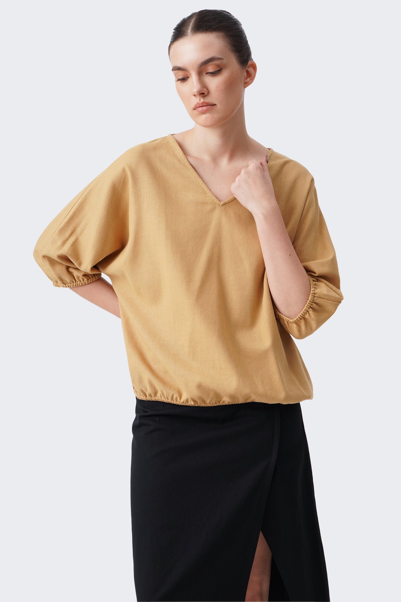 Women's V-Neck Puff Sleeve Linen Blouse