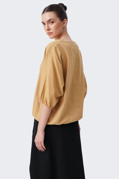 Women's V-Neck Puff Sleeve Linen Blouse