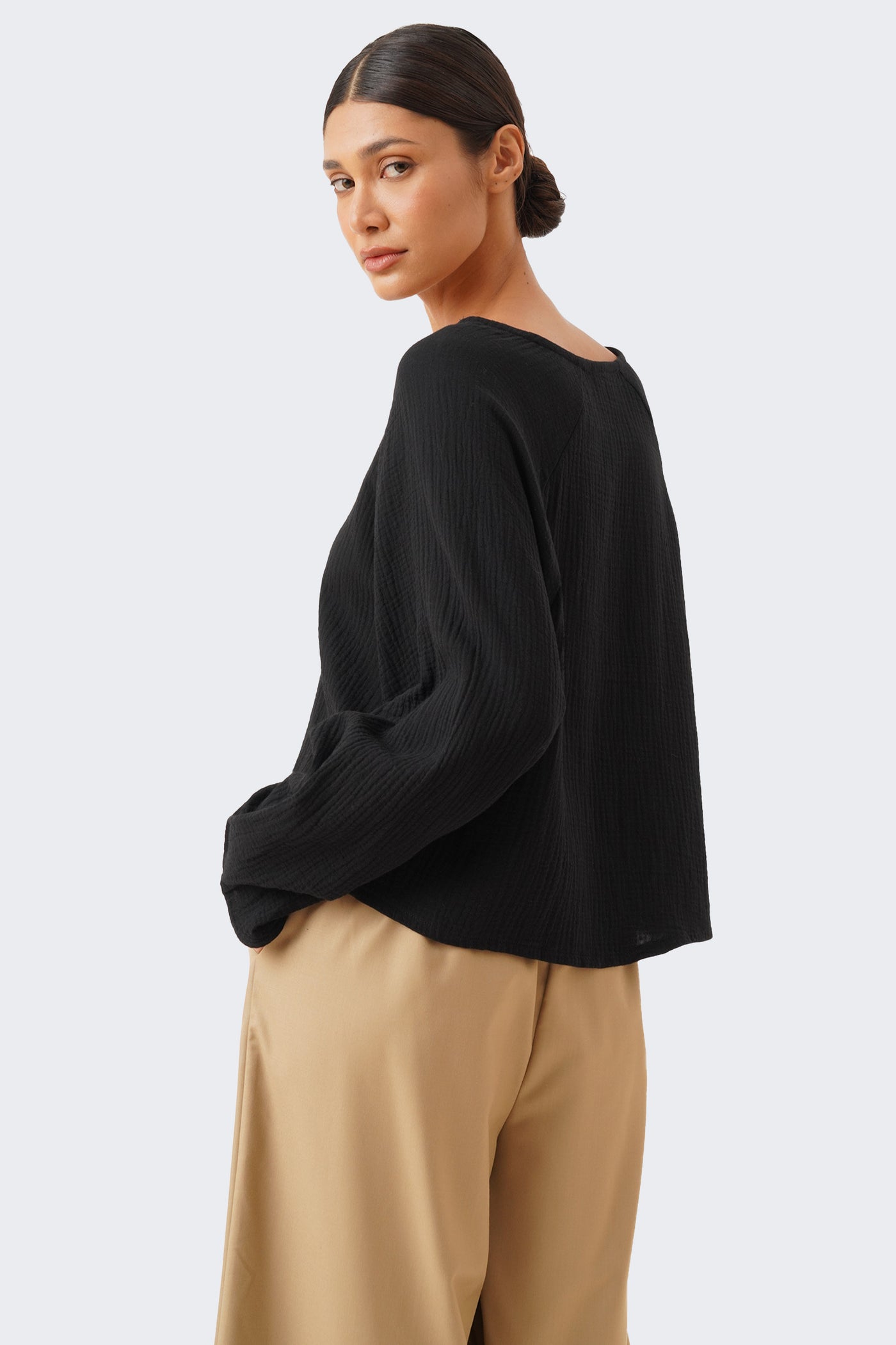 Women's V-Neck Pleated Sleeve Top