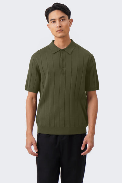 Men's Textured Ribbed Knit Polo with Hem Band - The New Standard