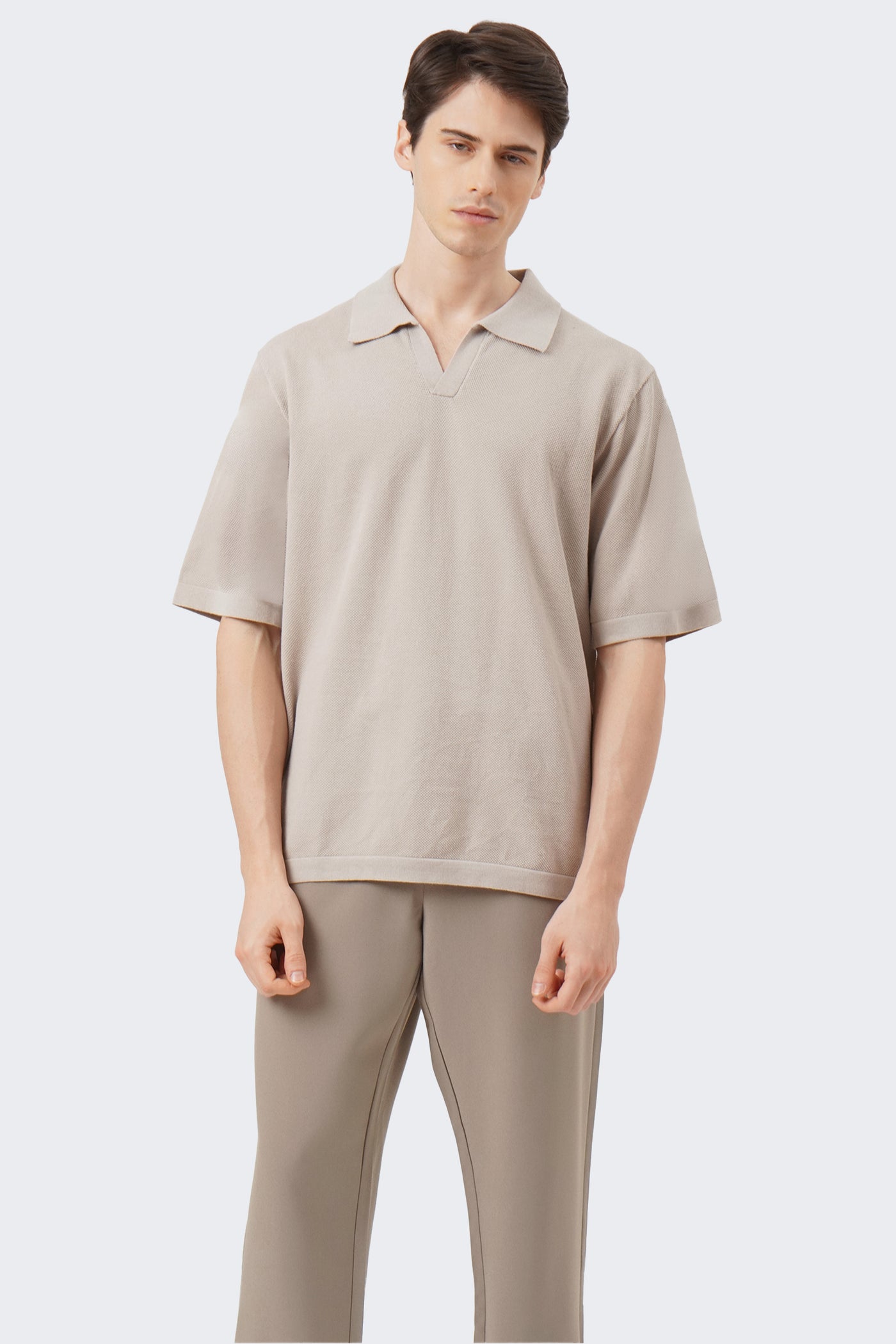 Men's Open Placket Textured Polo with Hem Band