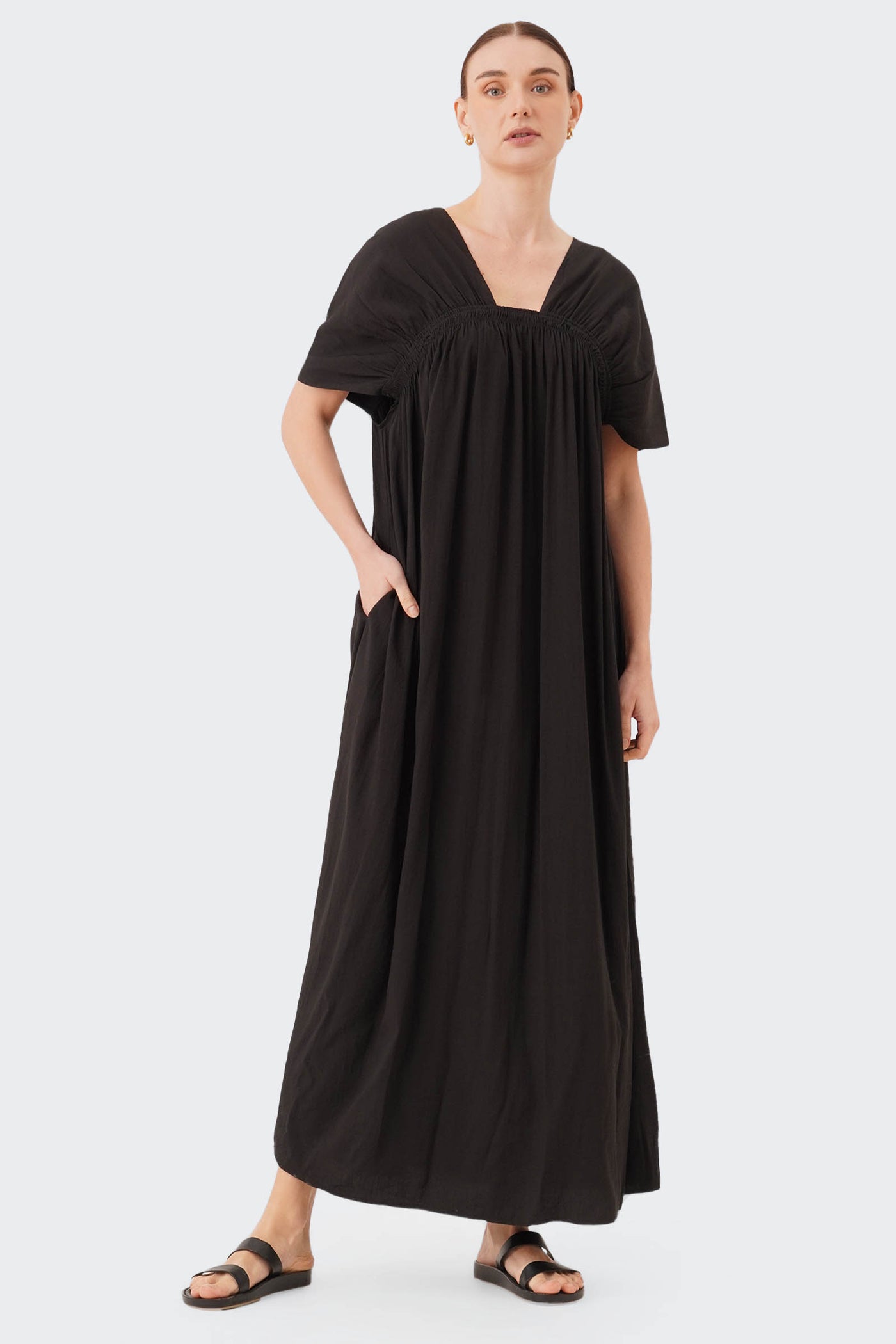 Women's Gathered Shoulder Yoke Maxi Dress