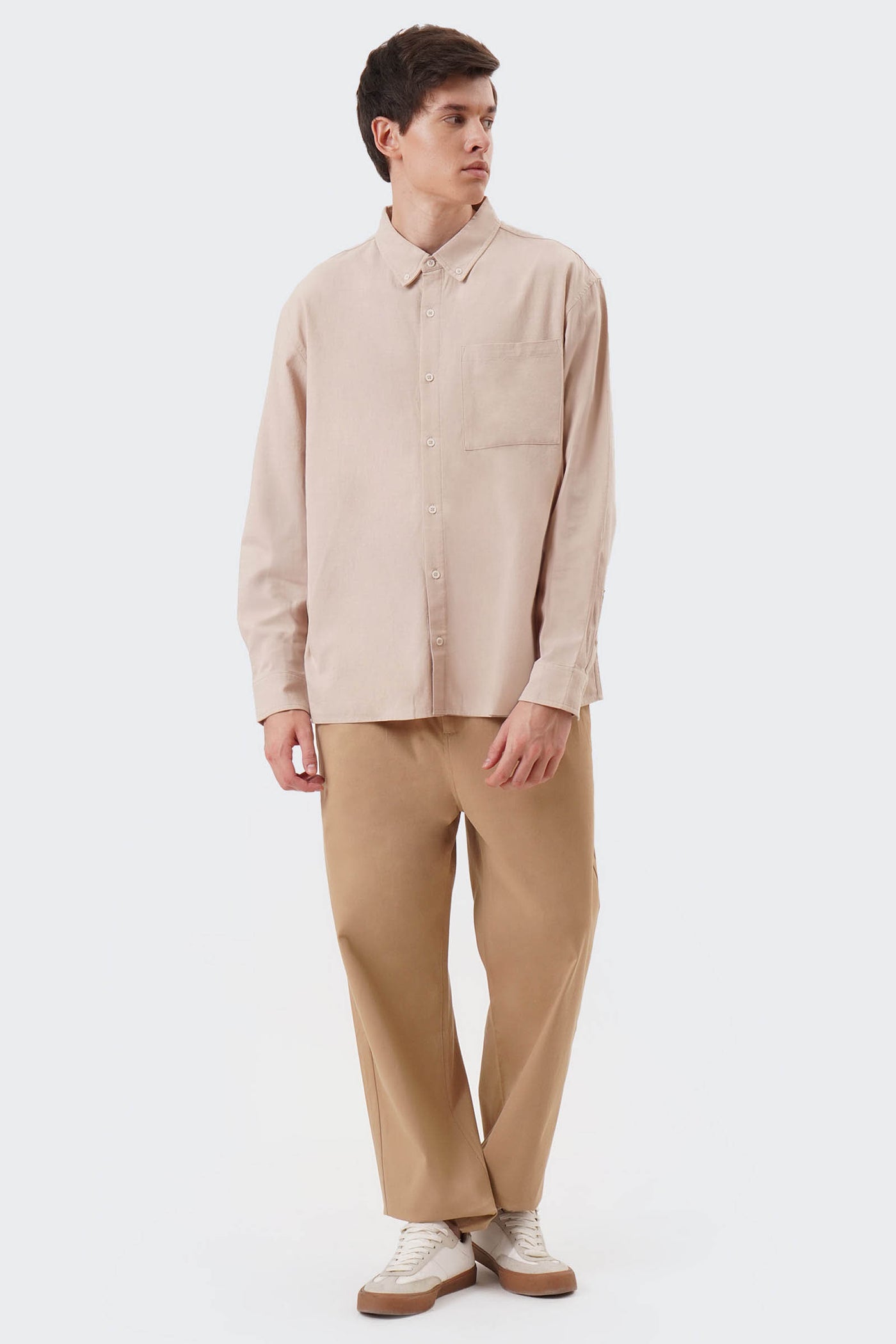 Men's Long Sleeve Linen Shirt with Patch Pocket