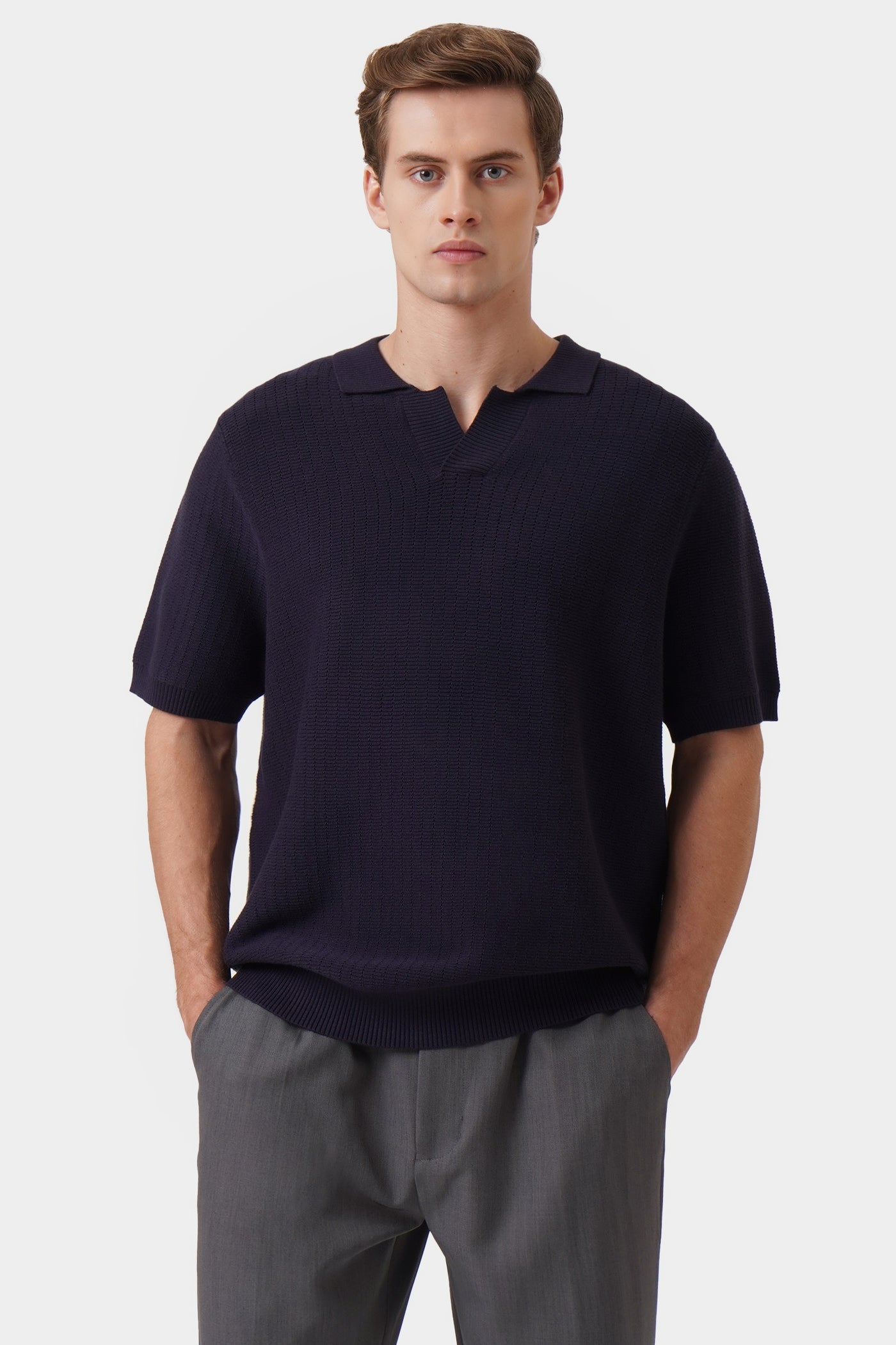 Men's Textured Knit Open Placket Polo