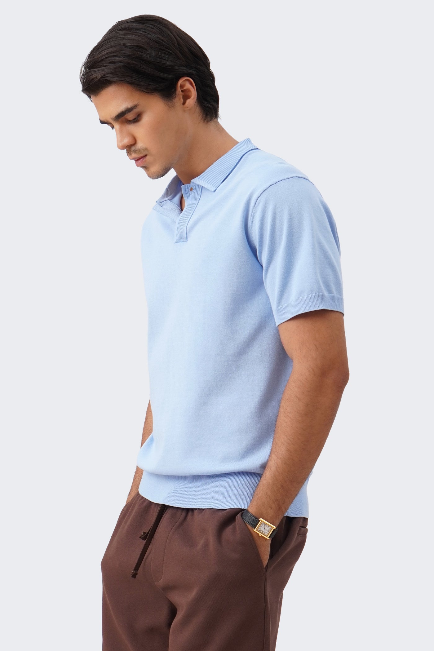 Men's Knit Polo with Ribbed Collar Detail
